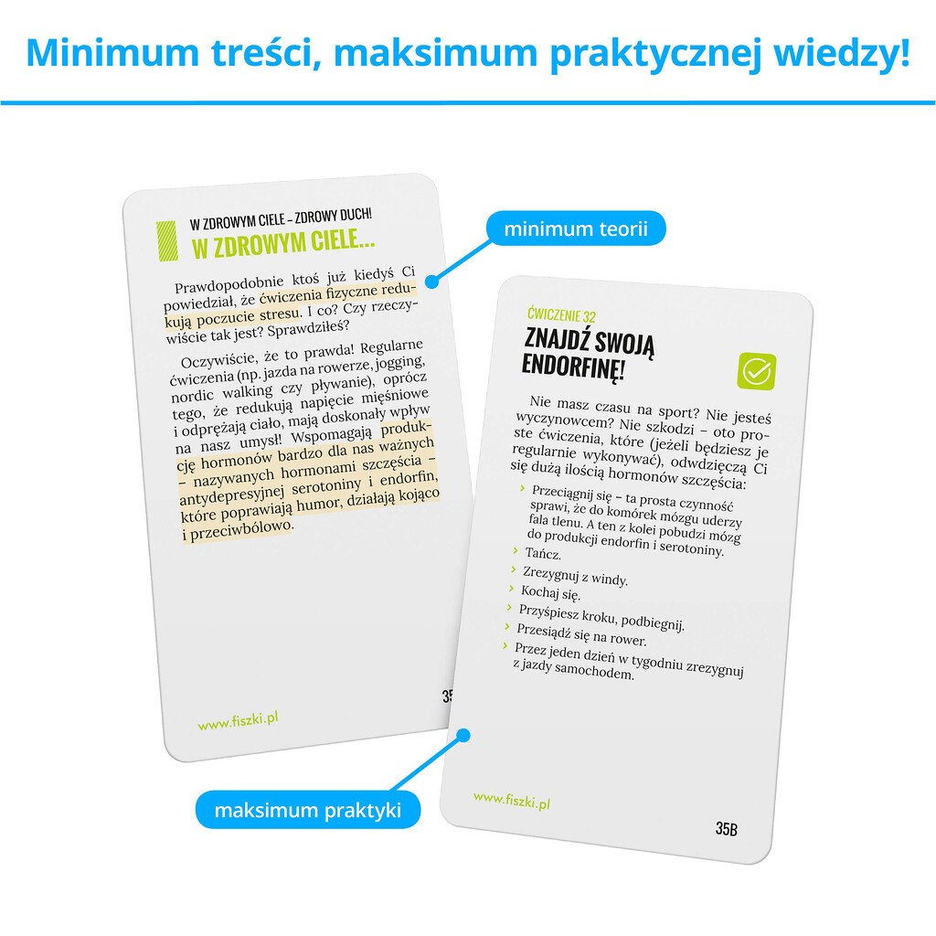 Fiszki szkoleniowe - karty prezentujące praktyczną wiedzę, wskazówki, ćwiczenia i porady