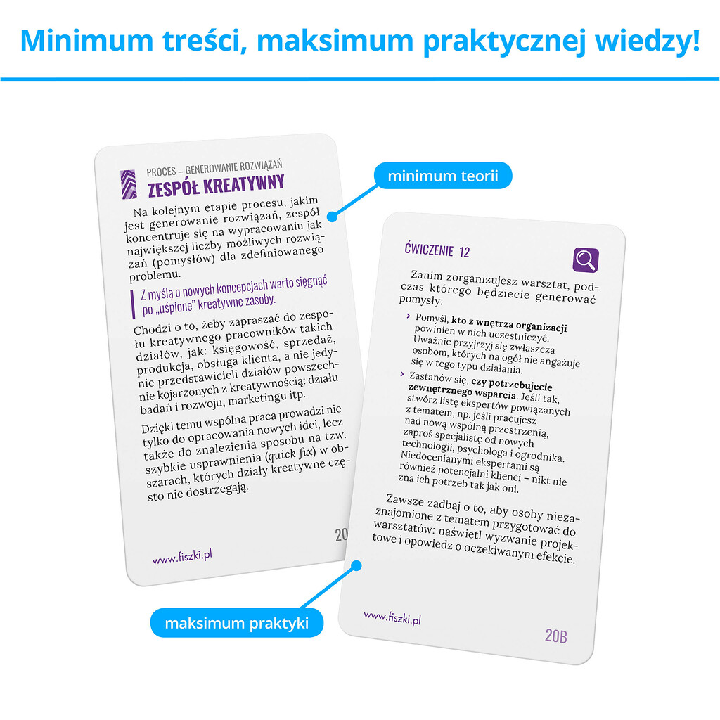 Fiszki szkoleniowe - karty prezentujące praktyczną wiedzę, wskazówki, ćwiczenia i porady