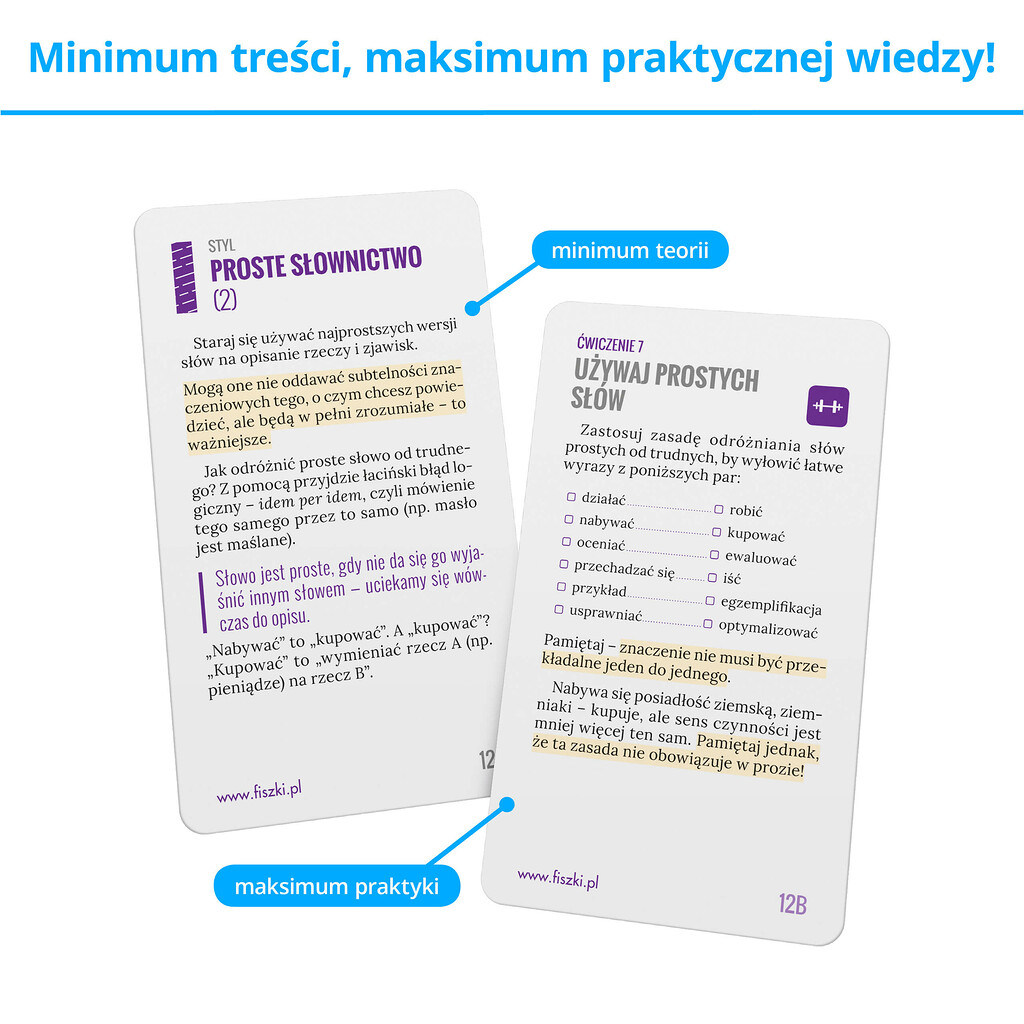Fiszki szkoleniowe - karty prezentujące praktyczną wiedzę, wskazówki, ćwiczenia i porady