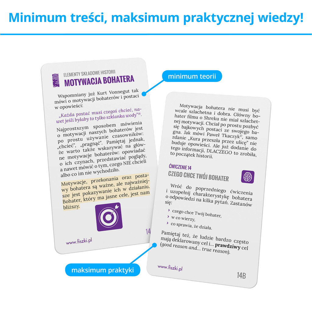 Fiszki szkoleniowe - karty prezentujące praktyczną wiedzę, wskazówki, ćwiczenia i porady