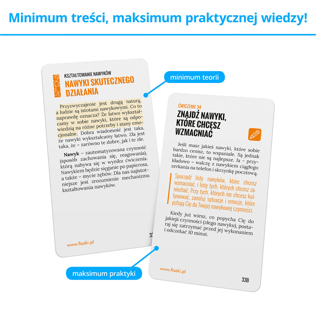 Fiszki szkoleniowe - karty prezentujące praktyczną wiedzę, wskazówki, ćwiczenia i porady