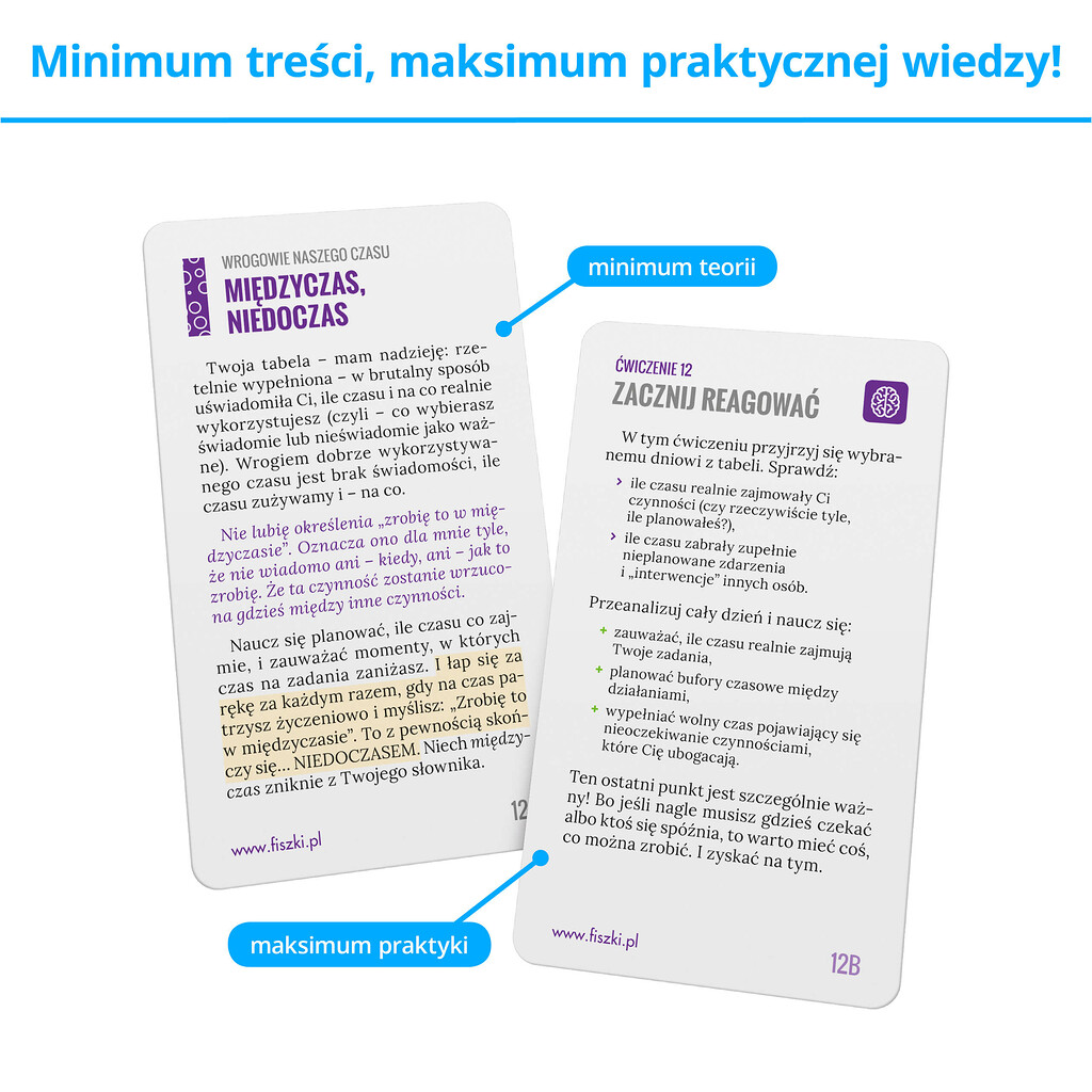 Fiszki szkoleniowe - karty prezentujące praktyczną wiedzę, wskazówki, ćwiczenia i porady