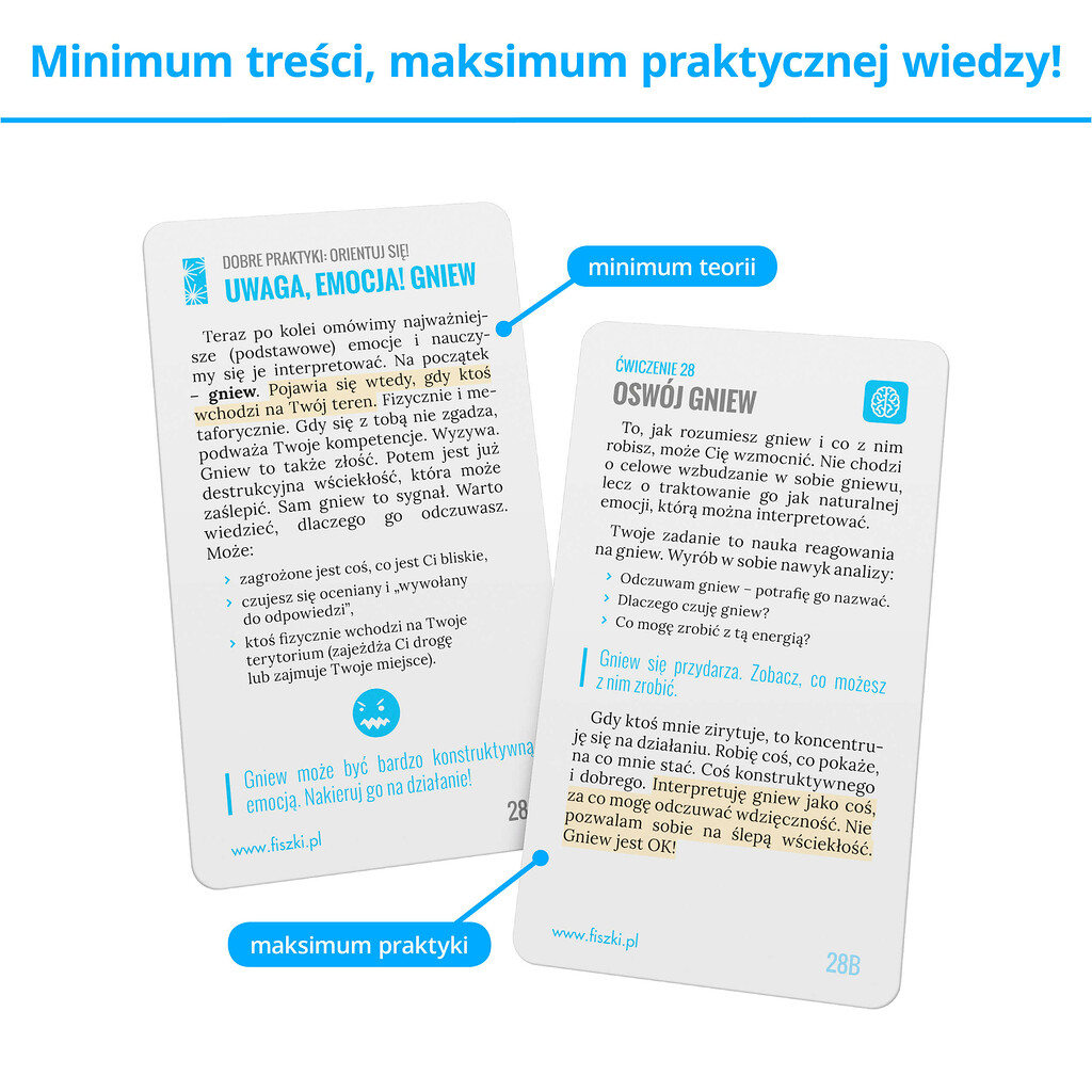 Fiszki szkoleniowe - karty prezentujące praktyczną wiedzę, wskazówki, ćwiczenia i porady