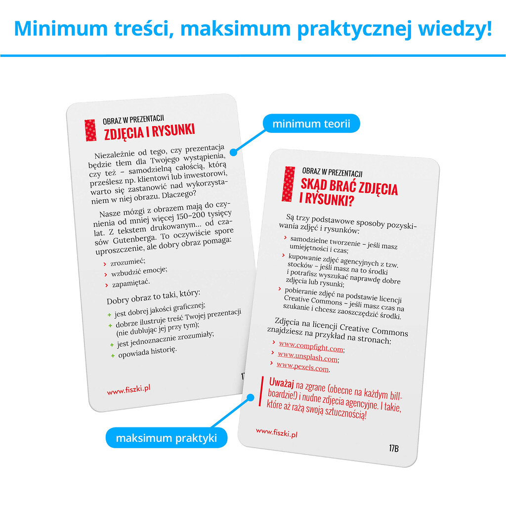 Fiszki szkoleniowe - karty prezentujące praktyczną wiedzę, wskazówki, ćwiczenia i porady