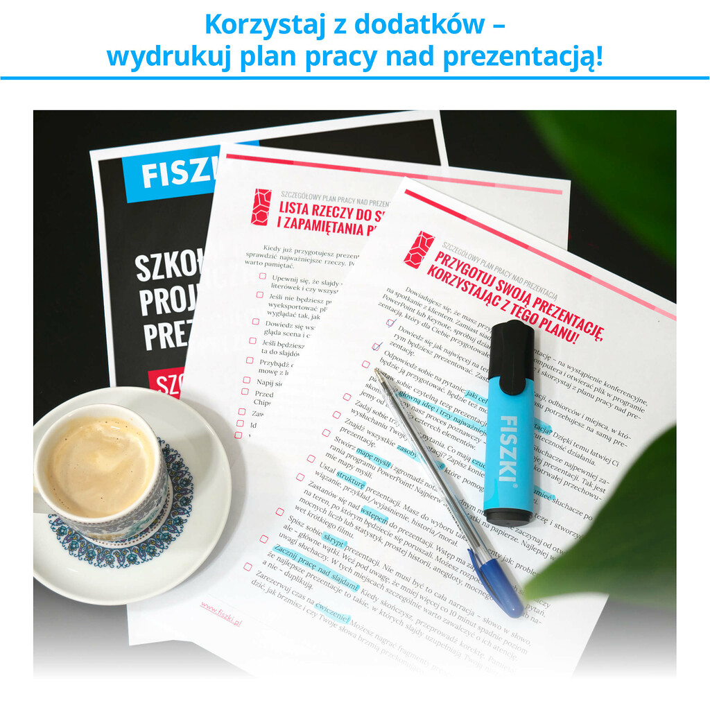 Materiały dodatkowe do fiszek szkoleniowych - plan pracy nad prezentacją i lista prezentera