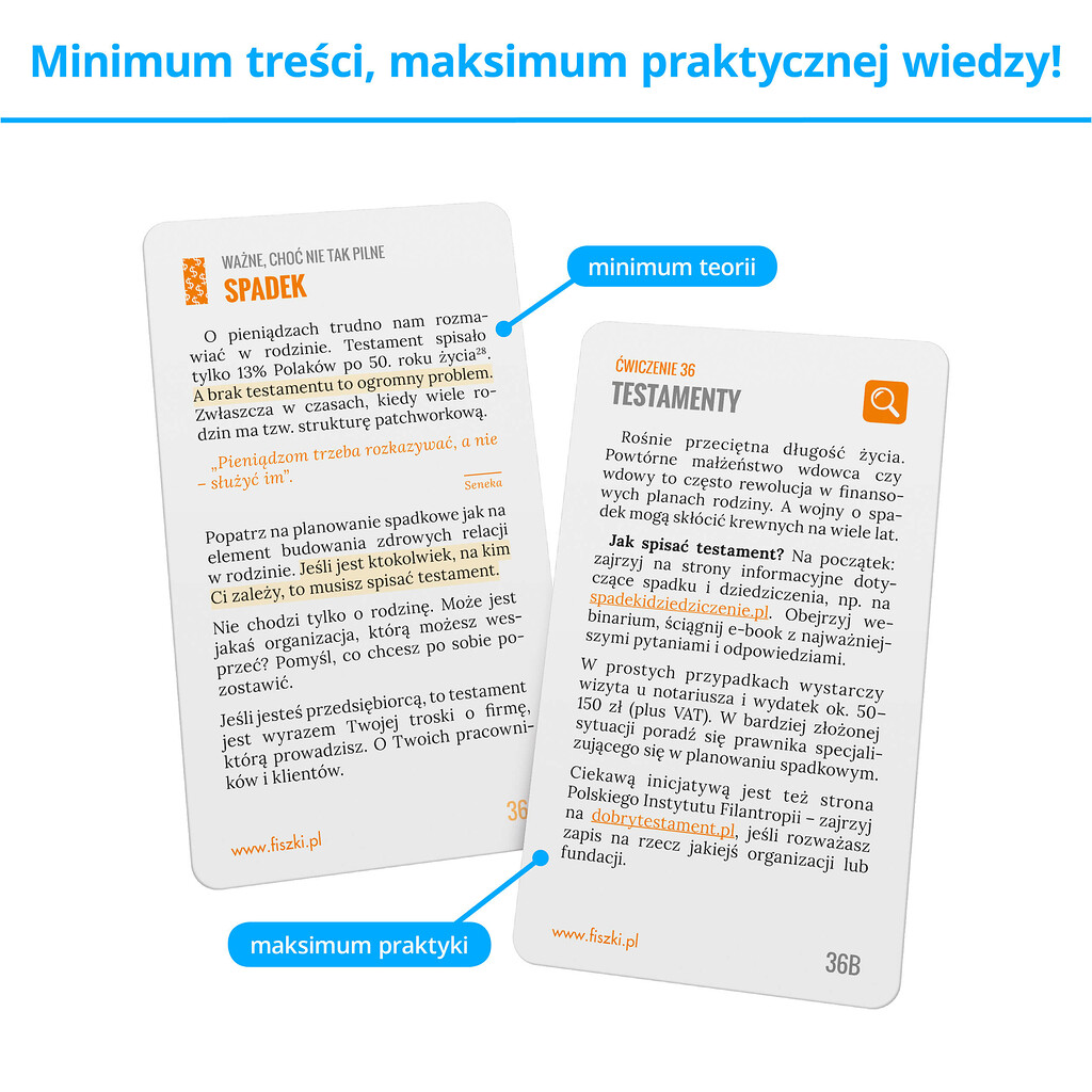 Fiszki szkoleniowe - karty prezentujące praktyczną wiedzę, wskazówki, ćwiczenia i porady