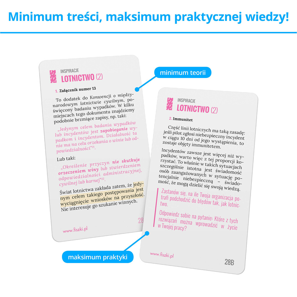 Fiszki szkoleniowe - karty prezentujące praktyczną wiedzę, wskazówki, ćwiczenia i porady